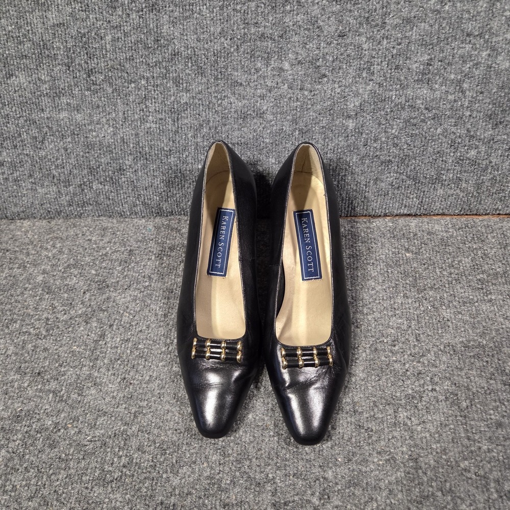 Karen Scott Black Leather Low Heel Pumps Womens 8M Classic Dress Shoes Gold